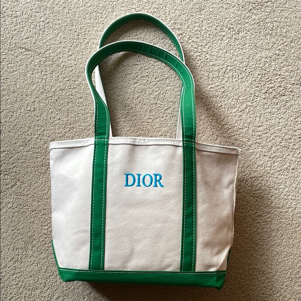 L.L. Bean Canvas Tote with Green Trim and Blue Logo